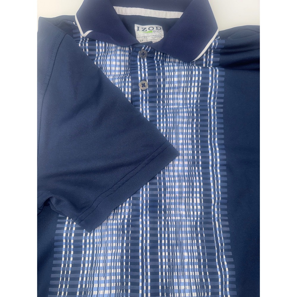 IZOD Golf Mens Navy Blue Geometric Print Short Sleeve Polo Shirt Small
